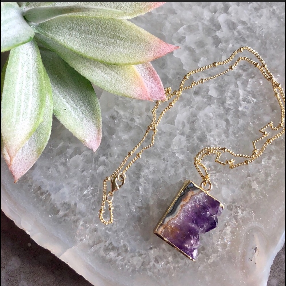 Amethyst slice 14k gold boho necklace